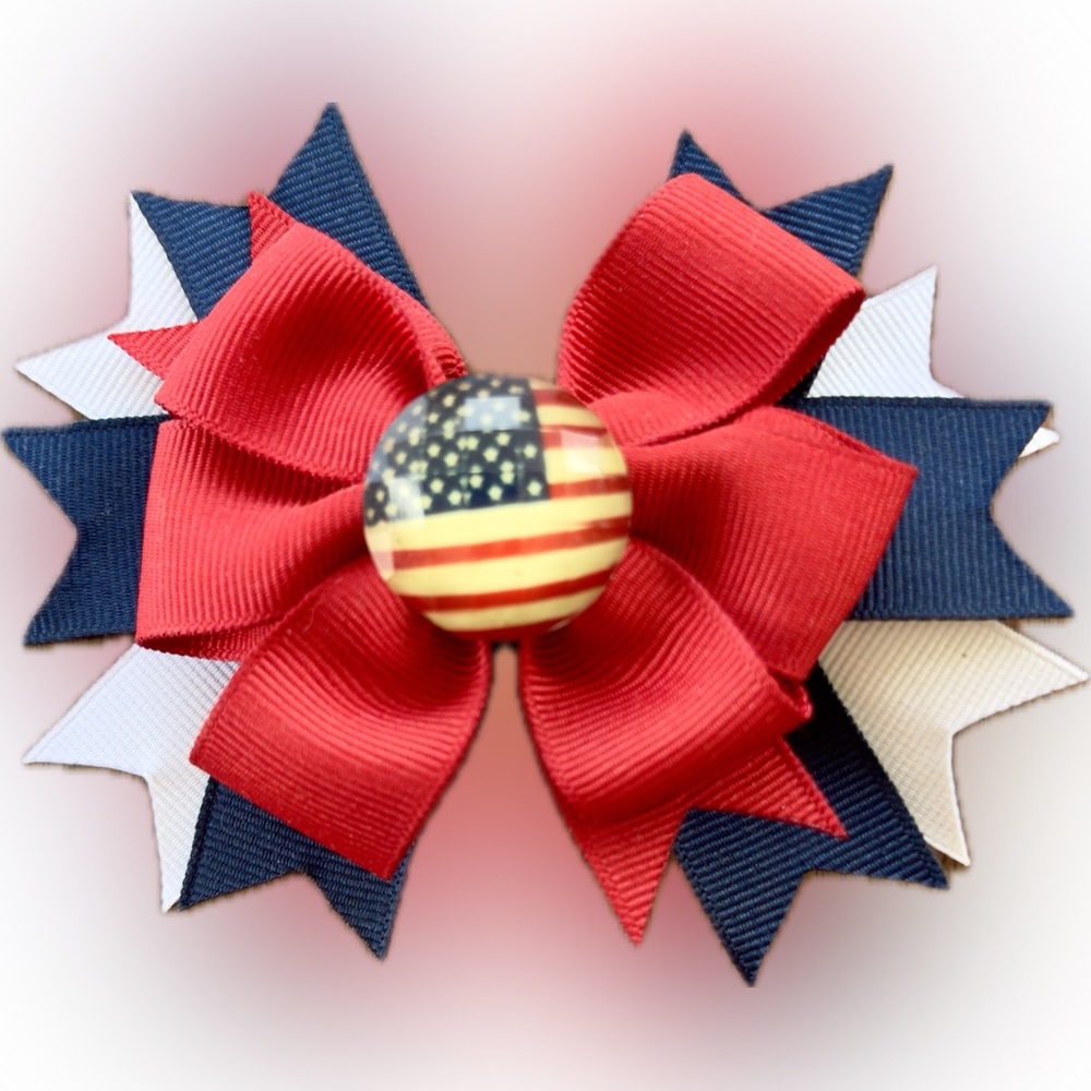 Red/White/Blue Flag Embellished Hair Bow with Clip - Handmade by Me - Picture 2 of 6